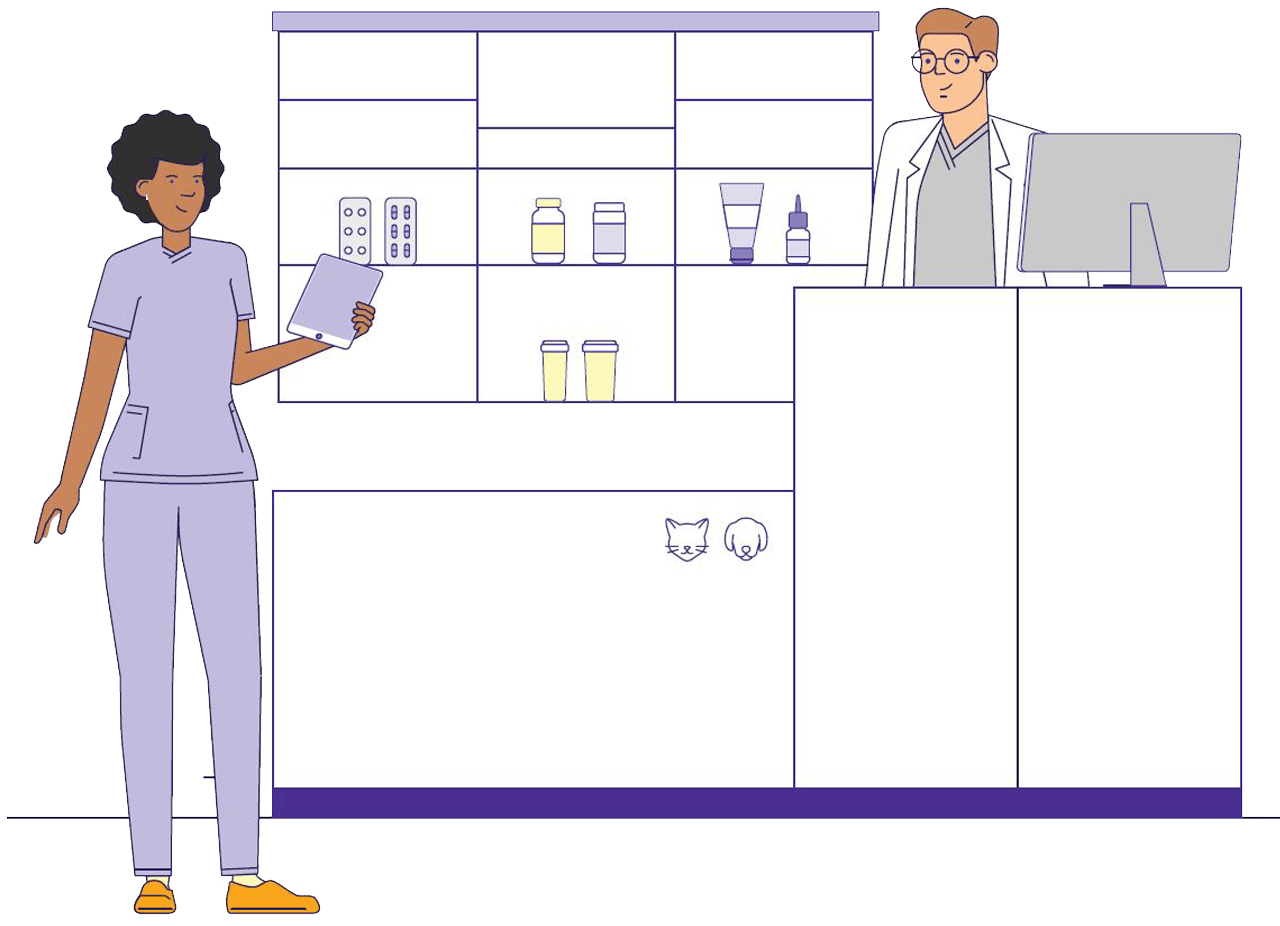 Animation of vet and vet tech in veterinary office